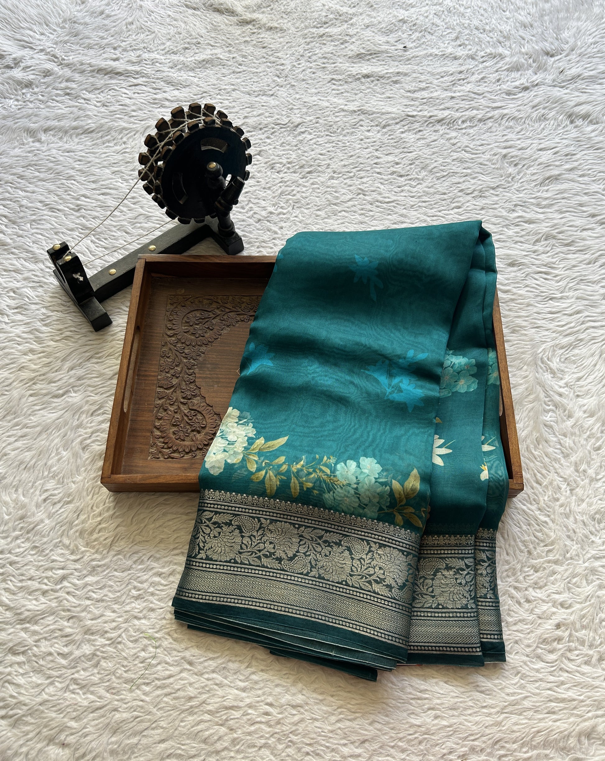 Soft Organza Designer Saree Teal Blue colored Saree Paired with a Zari border. - Sampradaya Designer Studio