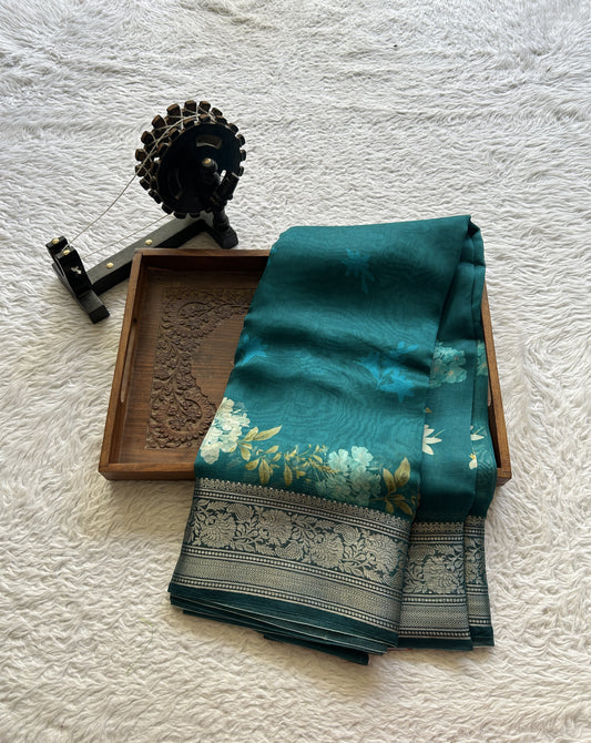 Soft Organza Designer Saree Teal Blue colored Saree Paired with a Zari border. - Sampradaya Designer Studio