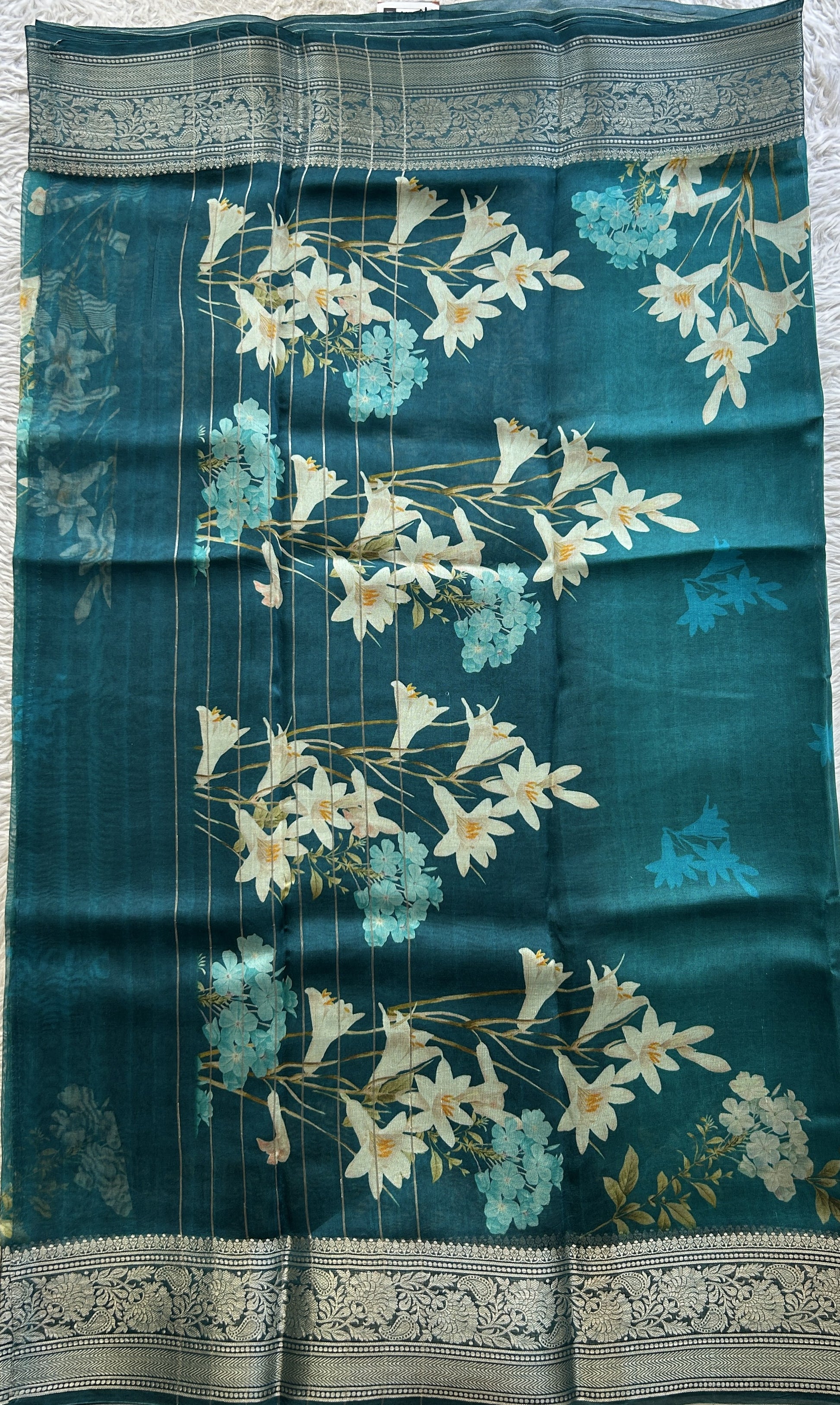 Soft Organza Designer Saree Teal Blue colored Saree Paired with a Zari border. - Sampradaya Designer Studio