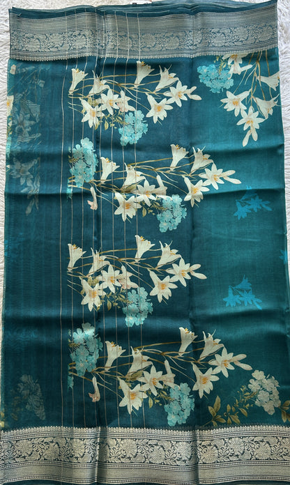 Soft Organza Designer Saree Teal Blue colored Saree Paired with a Zari border. - Sampradaya Designer Studio