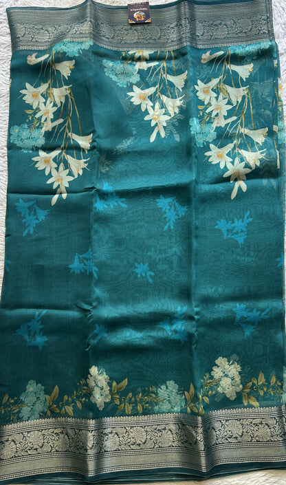 Soft Organza Designer Saree Teal Blue colored Saree Paired with a Zari border. - Sampradaya Designer Studio