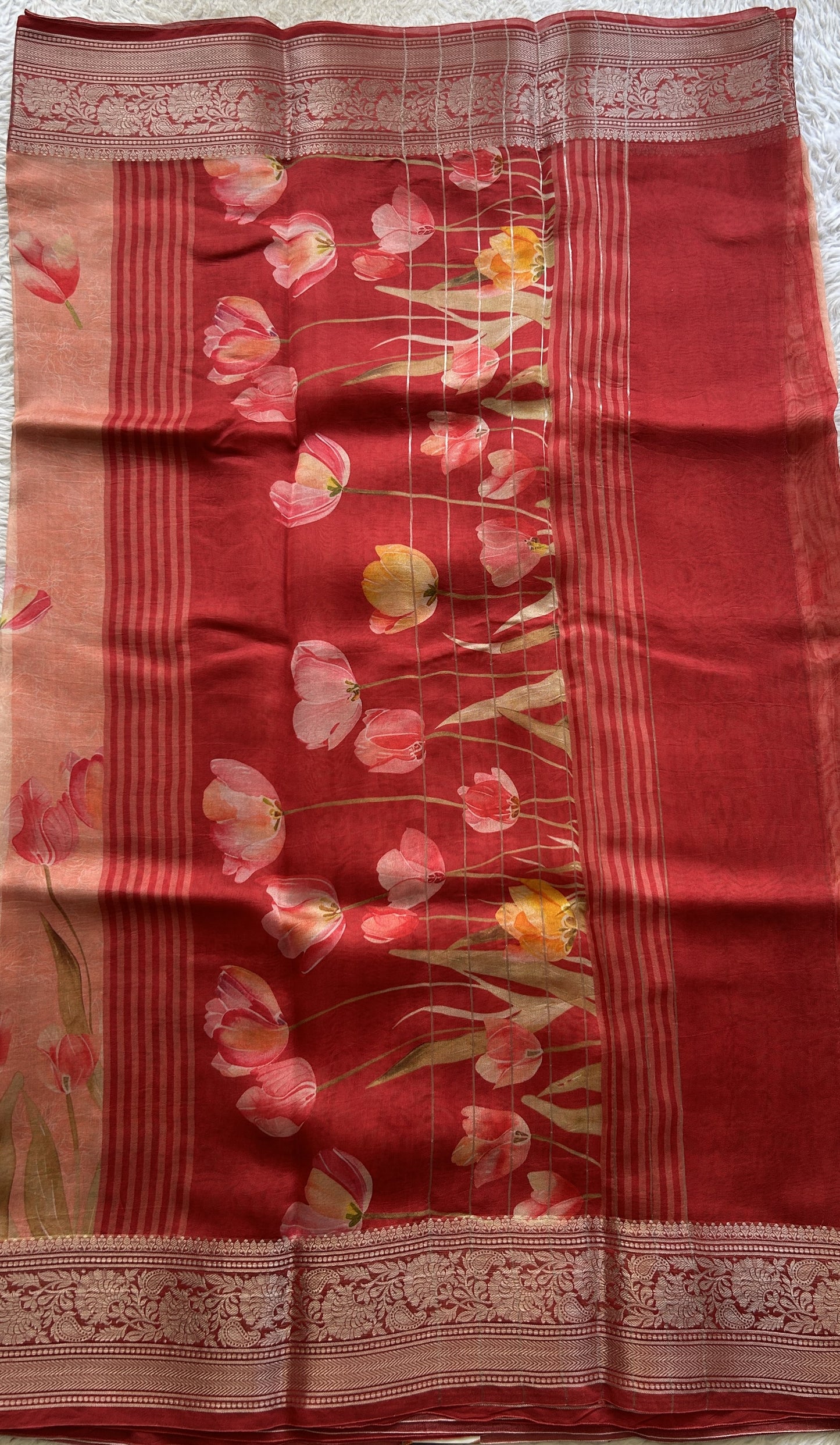 Soft Organza Designer Saree Peach colored Saree Paired with a Zari border. - Sampradaya Designer Studio