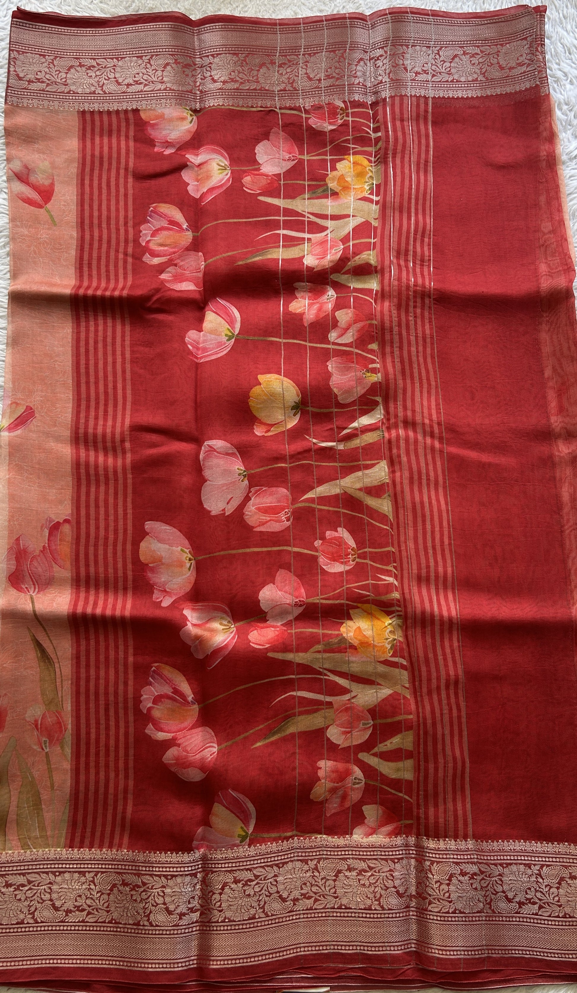 Soft Organza Designer Saree Peach colored Saree Paired with a Zari border. - Sampradaya Designer Studio