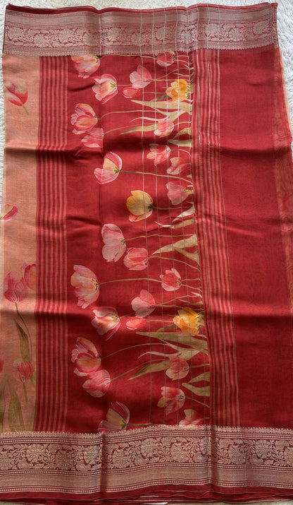 Soft Organza Designer Saree Peach colored Saree Paired with a Zari border. - Sampradaya Designer Studio
