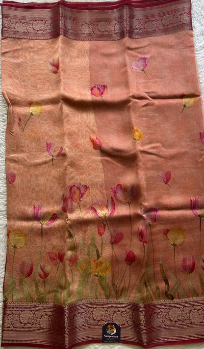 Soft Organza Designer Saree Peach colored Saree Paired with a Zari border. - Sampradaya Designer Studio