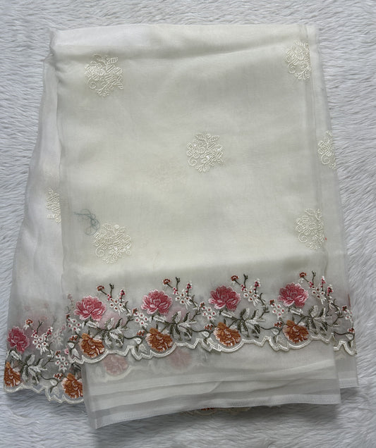 Soft Organza Designer Saree White colored Saree complemented with a Machine Embroidery border. - Sampradaya Designer Studio