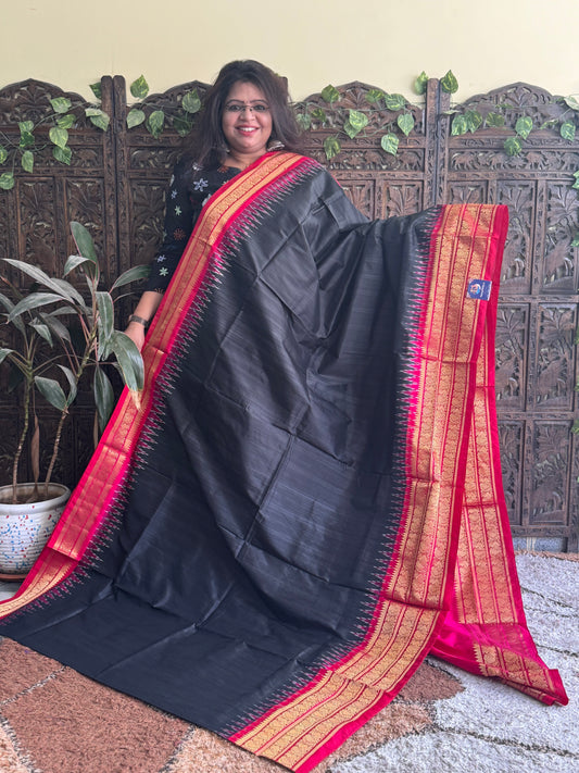 Ikkat Pattu Saree Black colored complemented with a Pink Kanchi border. - Sampradaya Designer Studio