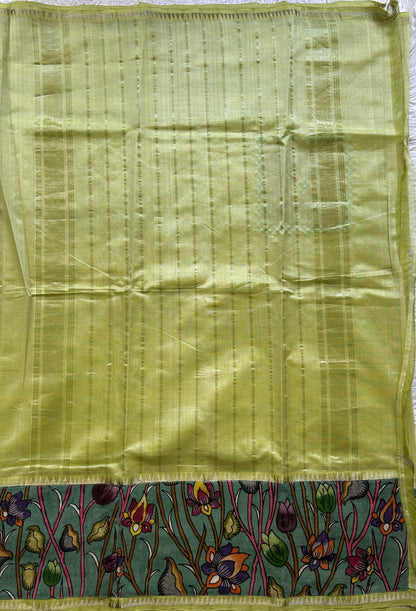Mangalagiri Plain Pattu Saree Neon colored complemented with a Pen Kalamkari Border. - Sampradaya Designer Studio
