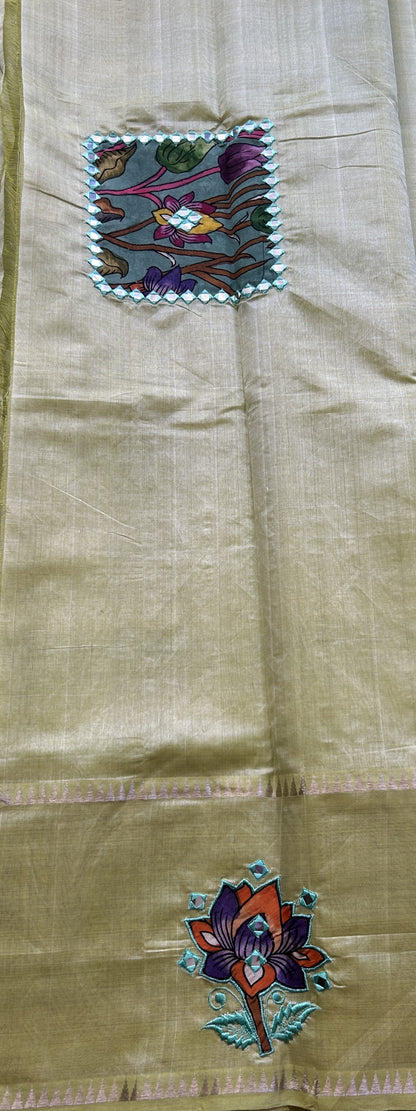 Mangalagiri Plain Pattu Saree Neon colored complemented with a Pen Kalamkari Border. - Sampradaya Designer Studio