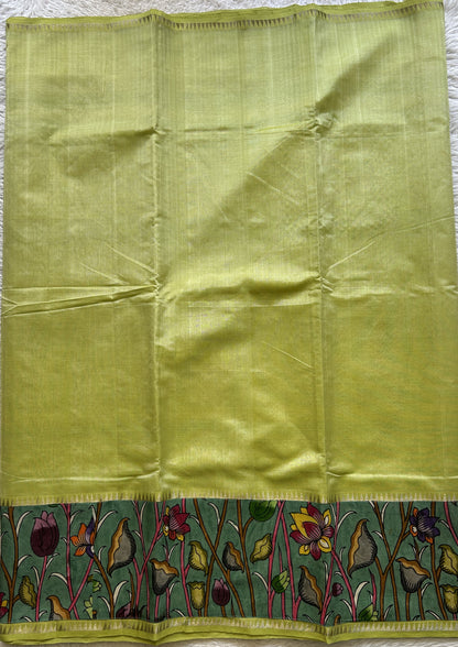 Mangalagiri Plain Pattu Saree Neon colored complemented with a Pen Kalamkari Border. - Sampradaya Designer Studio