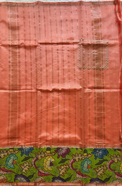 Mangalagiri Plain Pattu Saree Orange colored complemented with a Pen Kalamkari Border. - Sampradaya Designer Studio