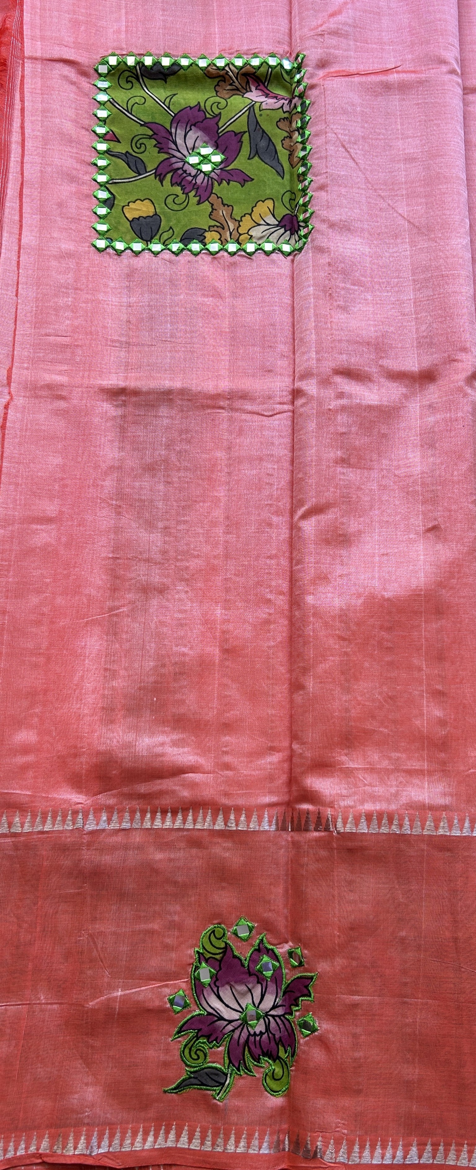 Mangalagiri Plain Pattu Saree Orange colored complemented with a Pen Kalamkari Border. - Sampradaya Designer Studio