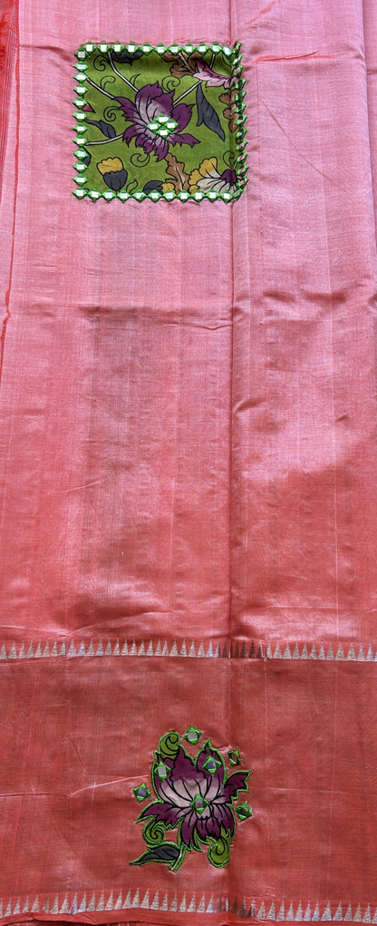 Mangalagiri Plain Pattu Saree Orange colored complemented with a Pen Kalamkari Border. - Sampradaya Designer Studio