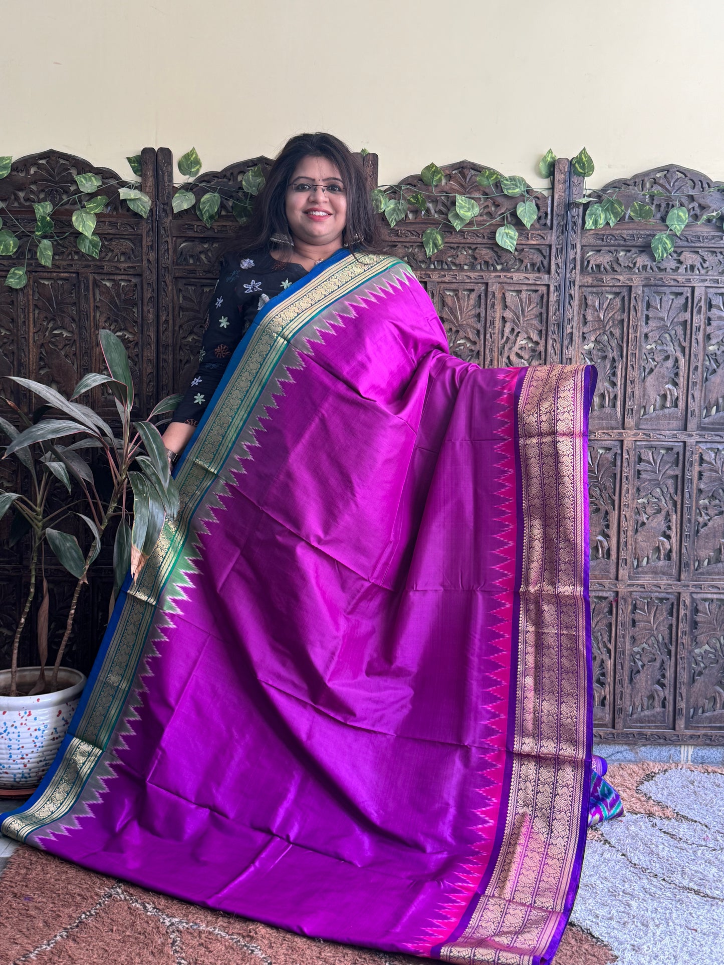 Ikkat Pattu Saree Purple colored complemented with a Violet Kanchi border. - Sampradaya Designer Studio