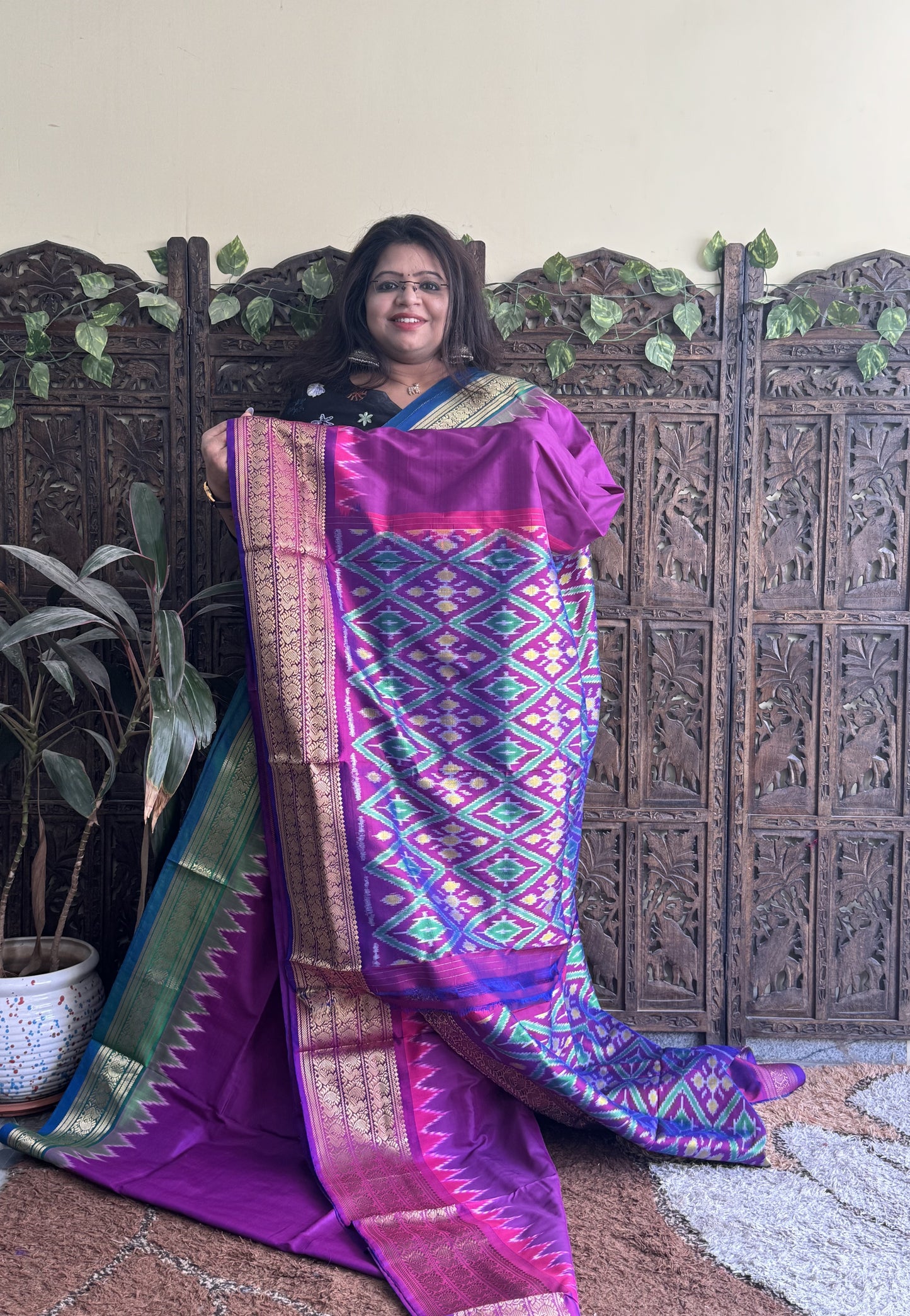 Ikkat Pattu Saree Purple colored complemented with a Violet Kanchi border. - Sampradaya Designer Studio