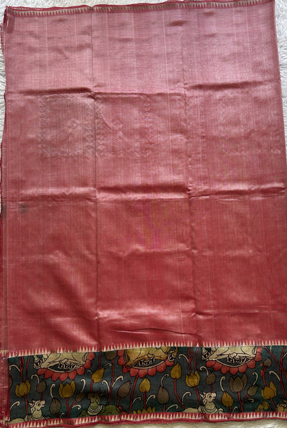 Mangalagiri Plain Pattu Saree Pink colored complemented with a Pen Kalamkari Border. - Sampradaya Designer Studio