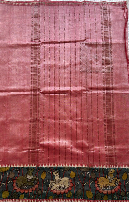Mangalagiri Plain Pattu Saree Pink colored complemented with a Pen Kalamkari Border. - Sampradaya Designer Studio