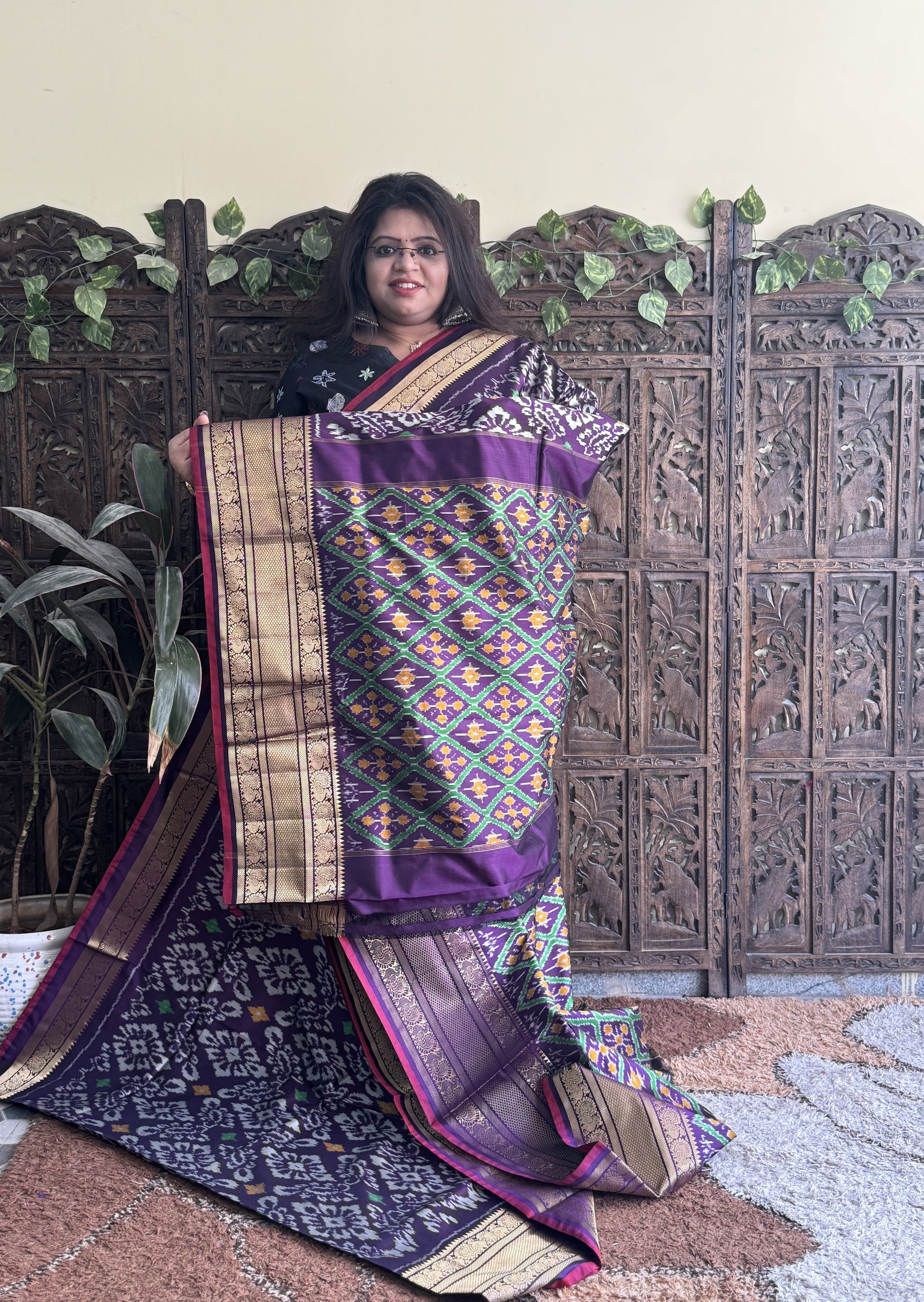 Ikkat Pattu Saree Violet colored complemented with a Kanchi border. - Sampradaya Designer Studio
