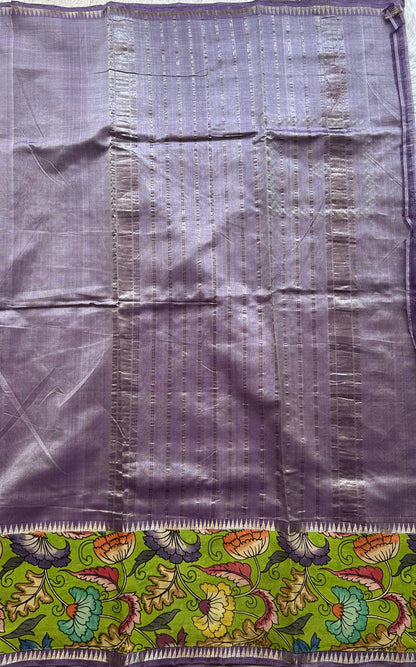 Mangalagiri Plain Pattu Saree Lavender colored complemented with a Pen Kalamkari Border. - Sampradaya Designer Studio