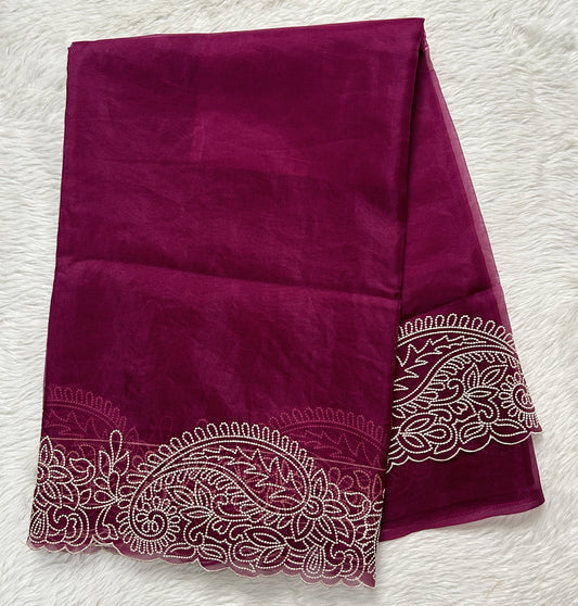 Soft Organza Designer Saree Wine colored Saree complemented with a Machine Embroidery border. - Sampradaya Designer Studio