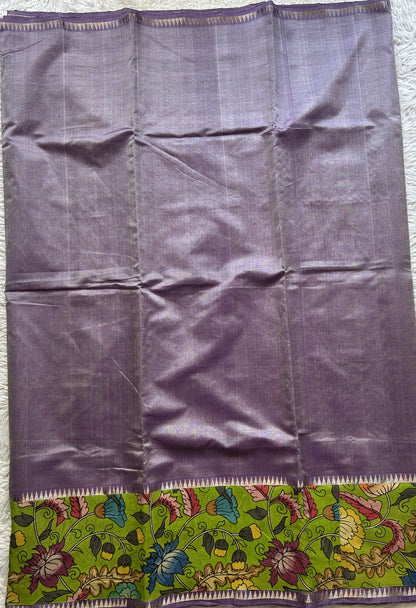 Mangalagiri Plain Pattu Saree Lavender colored complemented with a Pen Kalamkari Border. - Sampradaya Designer Studio