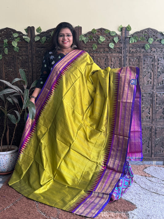 Ikkat Pattu Saree Fluorescent Green colored complemented with a Kanchi border. - Sampradaya Designer Studio