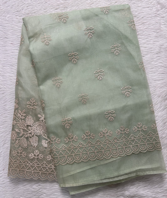 Soft Organza Designer Saree Pastel Green colored Saree complemented with a Machine Embroidery border. - Sampradaya Designer Studio