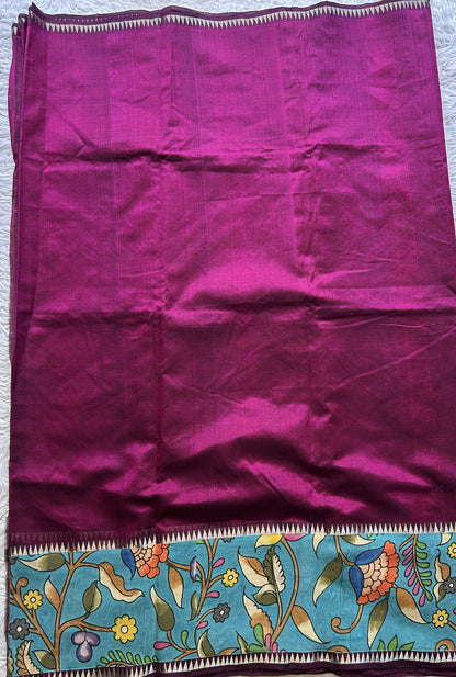 Mangalagiri Plain Pattu Saree Purple colored complemented with a Pen Kalamkari Border. - Sampradaya Designer Studio