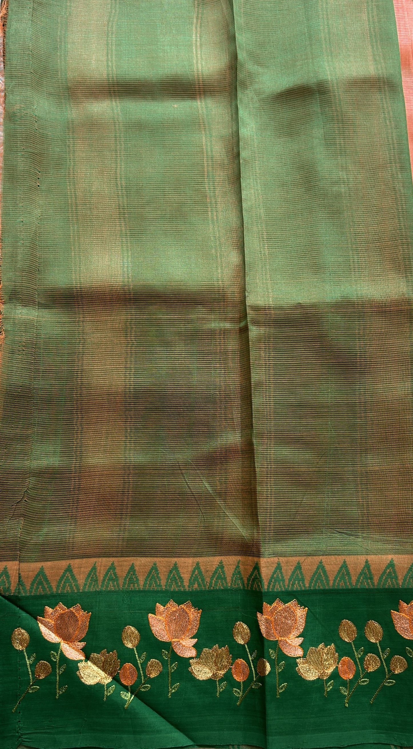 Mangalagiri Pattu Saree Peach colored complemented with a Embroidery Border. - Sampradaya Designer Studio