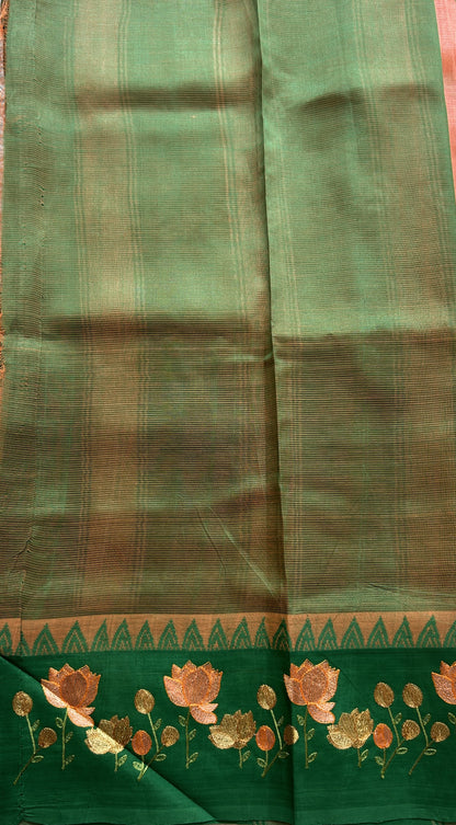 Mangalagiri Pattu Saree Peach colored complemented with a Embroidery Border. - Sampradaya Designer Studio