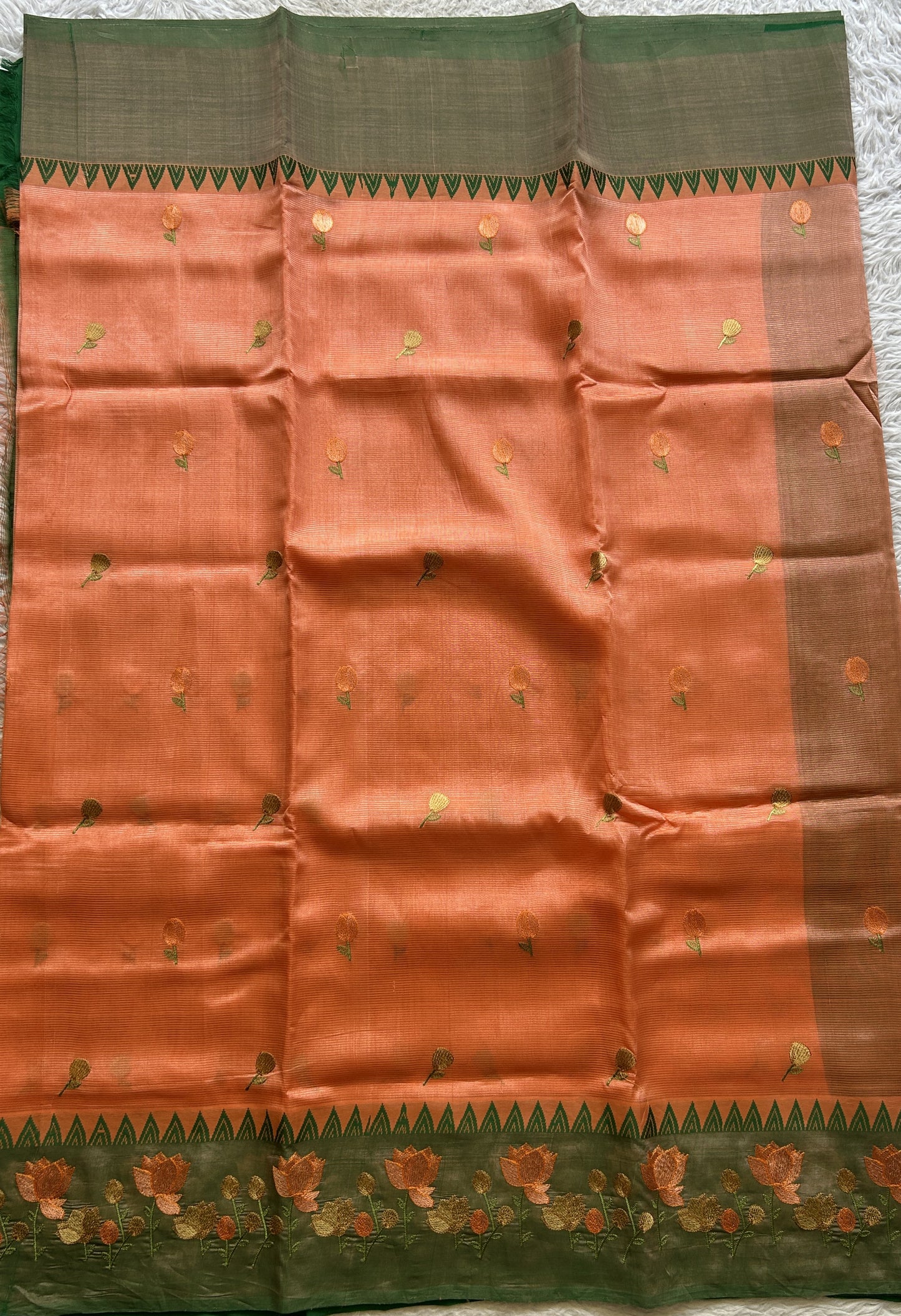 Mangalagiri Pattu Saree Peach colored complemented with a Embroidery Border. - Sampradaya Designer Studio