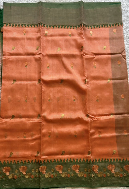 Mangalagiri Pattu Saree Peach colored complemented with a Embroidery Border. - Sampradaya Designer Studio