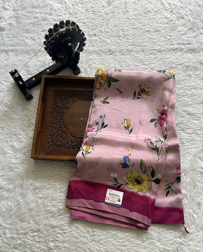 Mangalagiri Pattu Digital Print Saree Baby Pink colored complemented with a Zari Border - Sampradaya Designer Studio
