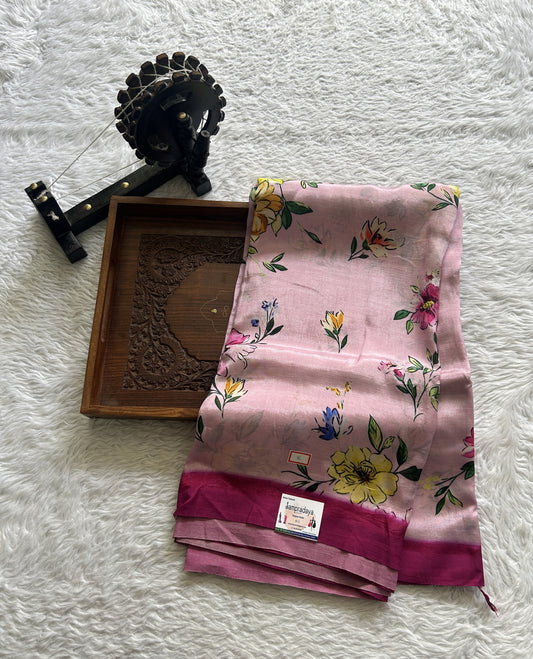 Mangalagiri Pattu Digital Print Saree Baby Pink colored complemented with a Zari Border - Sampradaya Designer Studio