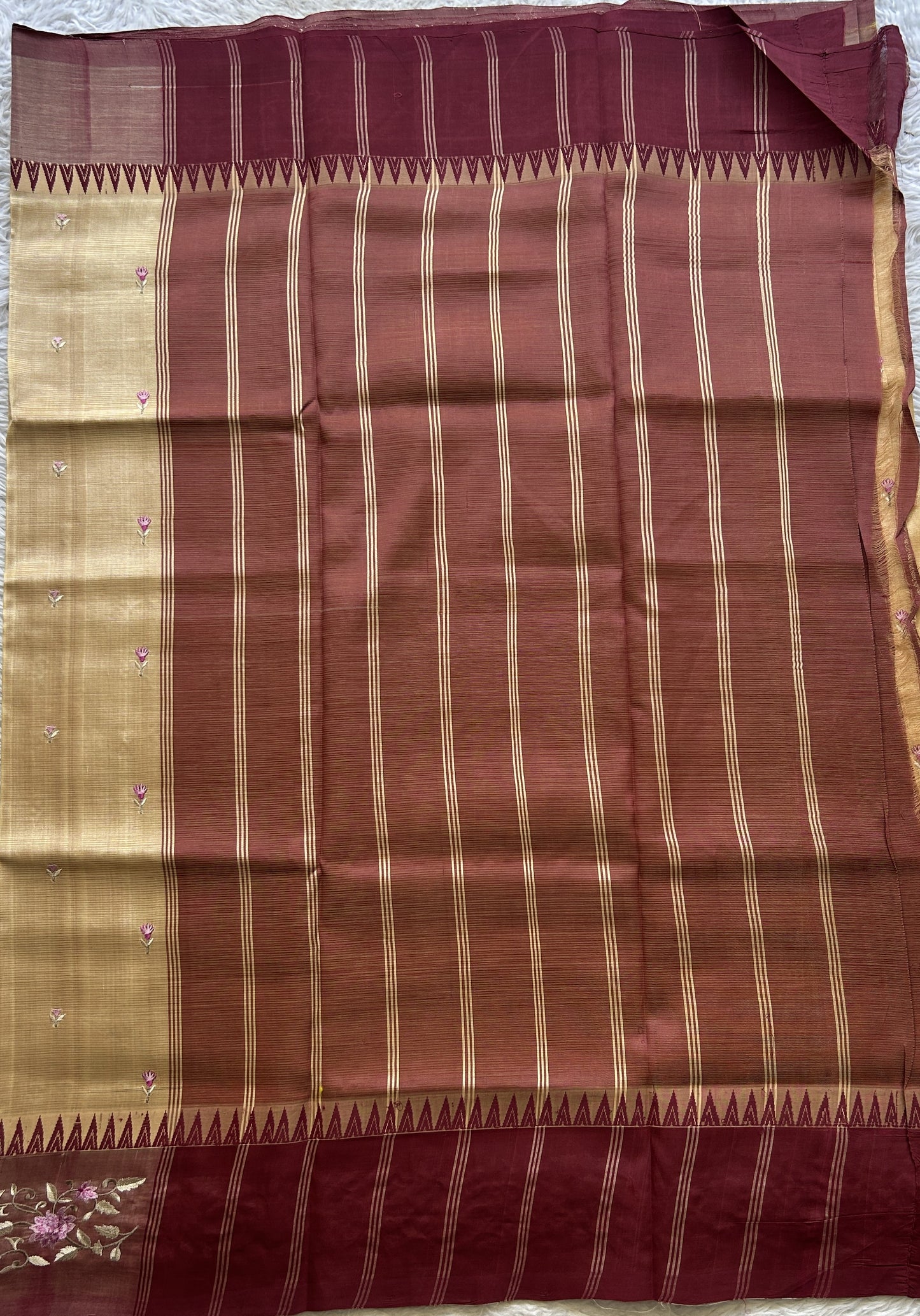 Mangalagiri Pattu Saree Cream colored complemented with a Embroidery Border. - Sampradaya Designer Studio