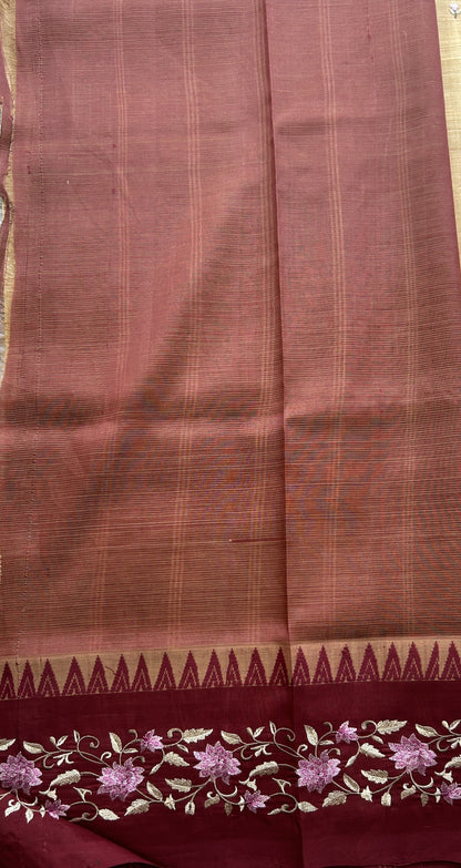 Mangalagiri Pattu Saree Cream colored complemented with a Embroidery Border. - Sampradaya Designer Studio