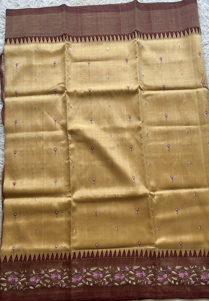 Mangalagiri Pattu Saree Cream colored complemented with a Embroidery Border. - Sampradaya Designer Studio