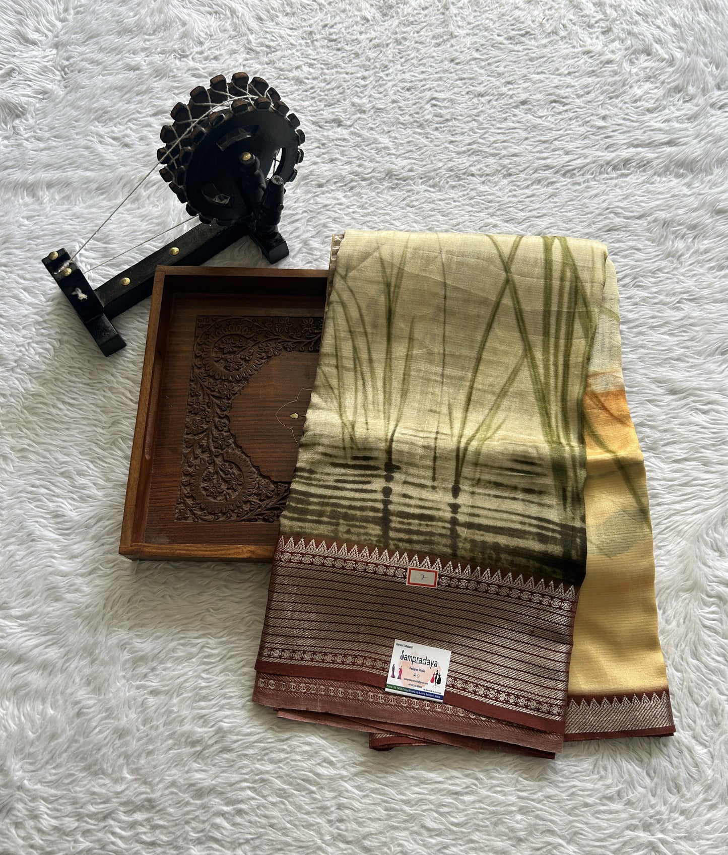Mangalagiri Pattu Digital Print Saree Cream colored complemented with a Zari Border - Sampradaya Designer Studio