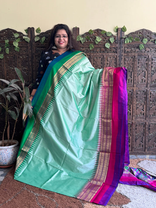 Ikkat Pattu Saree Sea foam colored complemented with a Kanchi border. - Sampradaya Designer Studio