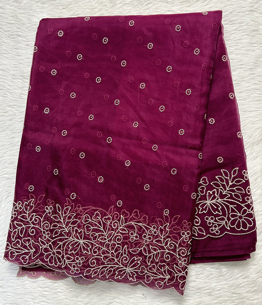 Soft Organza Designer Saree Wine colored Saree complemented with a Machine Embroidery border. - Sampradaya Designer Studio