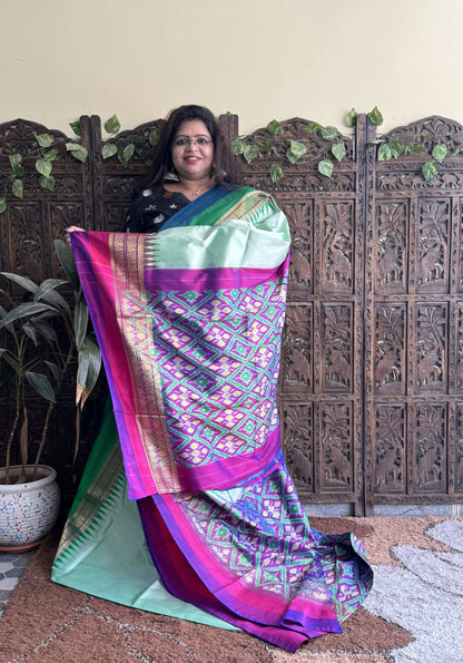 Ikkat Pattu Saree Sea foam colored complemented with a Kanchi border. - Sampradaya Designer Studio