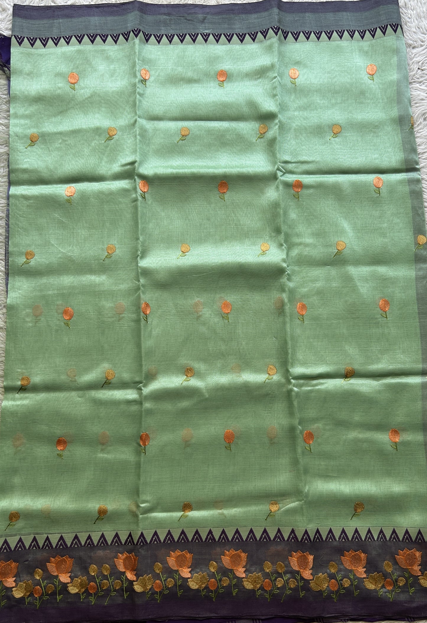 Mangalagiri Pattu Saree Light Green colored complemented with a Embroidery Border. - Sampradaya Designer Studio