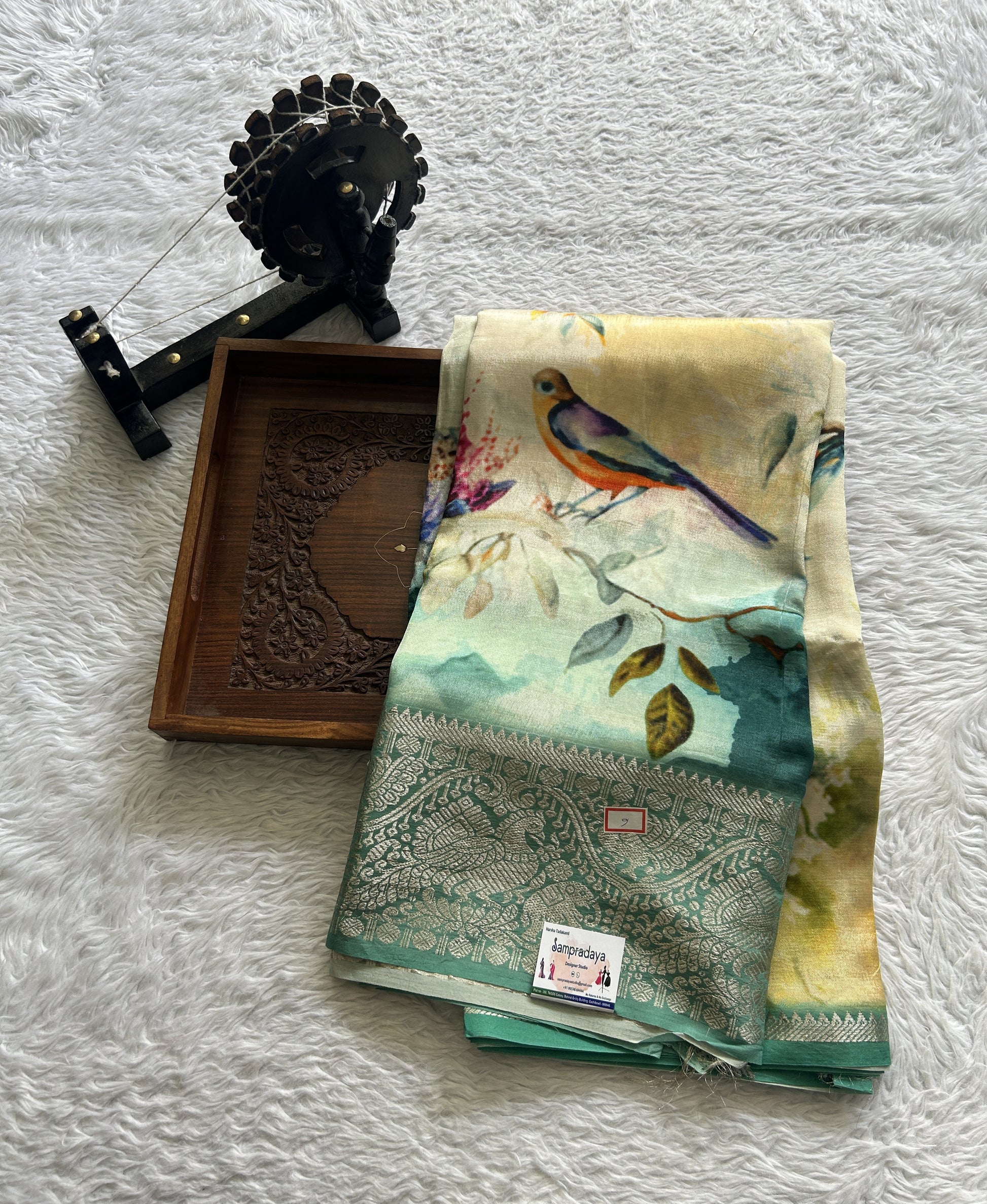 Mangalagiri Pattu Digital Print Saree Off White colored complemented with a Zari Border - Sampradaya Designer Studio