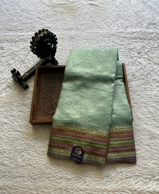 Tissue Organza Saree Sea Blue Colored Elegantly Paired with a Zari Border. - Sampradaya Designer Studio