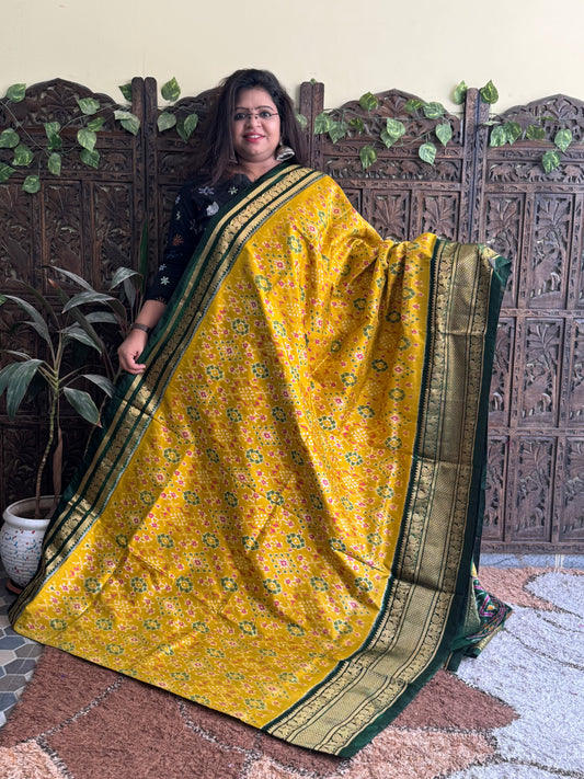 Ikkat Pattu Saree Yellow colored complemented with a Kanchi border. - Sampradaya Designer Studio