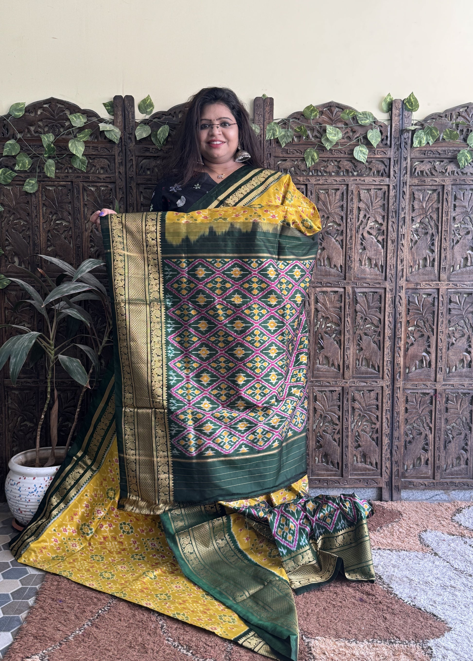 Ikkat Pattu Saree Yellow colored complemented with a Kanchi border. - Sampradaya Designer Studio