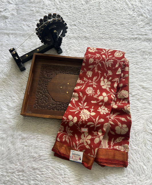 Mangalagiri Pen Kalamkari Saree Dark Red colored complemented with a Zari border - Sampradaya Designer Studio