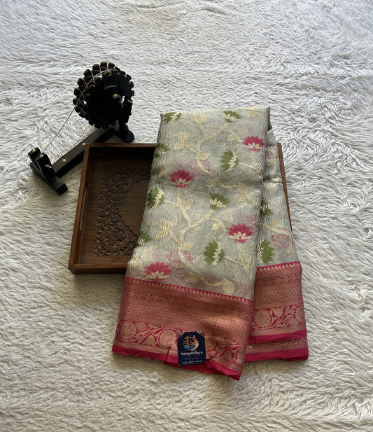Tissue Organza Saree Gray Colored Elegantly Paired with a Zari Border. - Sampradaya Designer Studio