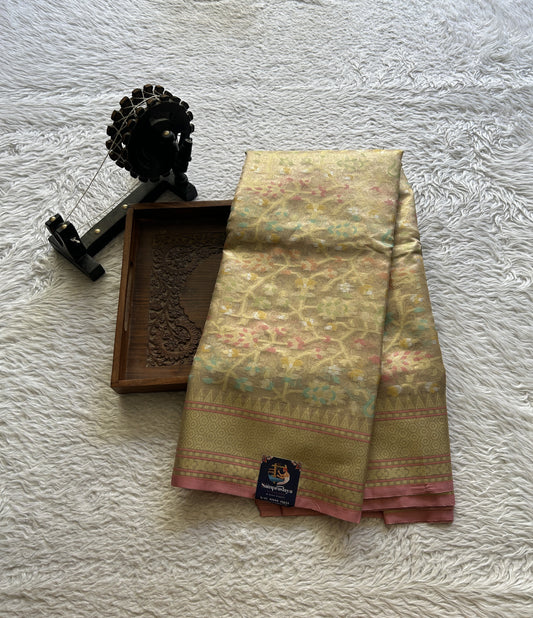 Tissue Organza Saree Gold Colored Elegantly Paired with a Zari Border. - Sampradaya Designer Studio