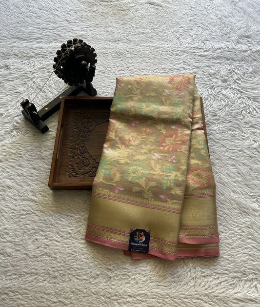 Tissue Organza Saree Beige Colored Elegantly Paired with a Zari Border. - Sampradaya Designer Studio